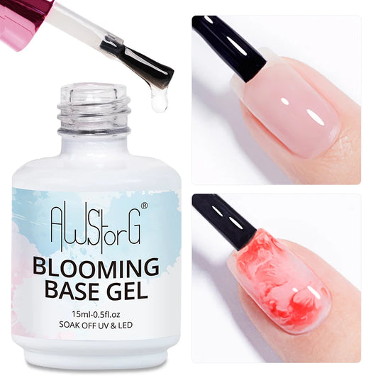 AWStorG 15ML Clear 2 In 1 Blooming Base Gel Nail Polish Semi Permanent UV Spreading Effect Marble NailPolish Watercolor Manicure Cindorium